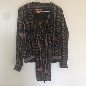 Tory Burch Tie Up Neck Bow Silk Blouse Safari Print Golden Brown sz.2